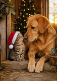 Fox red labrador dog and a small tabby kitten wearing a red Santa hat pose together on a rustic wooden porch with a Christmas tree and warm lights in the background.