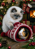 A fluffy cream-colored cat with blue eyes sits beside a guinea pig inside a red and cream knitted Christmas hat, set against a cozy holiday background with a fireplace, stockings, and pinecones.