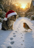 A small tabby kitten wearing a red Santa hat sits in the snow beside a robin bird, with paw prints leading toward the bird in a snowy outdoor path at sunset.