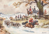 Thelwell Toy Trumpet cartoon showing a child blowing a toy trumpet on a galloping pony, followed by hounds in a snowy countryside scene