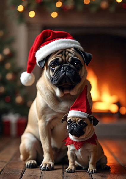 Two pugs wearing Santa hats in front of a fireplace with Christmas decorations.