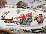 Thelwell cartoon of Santa in a reindeer-drawn sleigh with a pony and young rider following through snowy countryside
