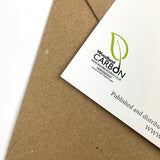 back of thelwell pony christmas card showing Woodland Carbon printing logo and brown fleck envelope
