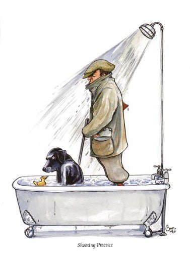 shooting cartoon shooting practice man and dog in bath with shower on