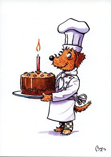 Dog birthday card. Pickle with birthday cake by Bryn Parry