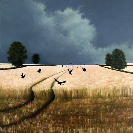 Landscape and farming greeting card. Summer Storm and Rooks