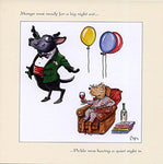 Cartoon dog greeting card. Mango and Pickle, big night out by Bryn Parry