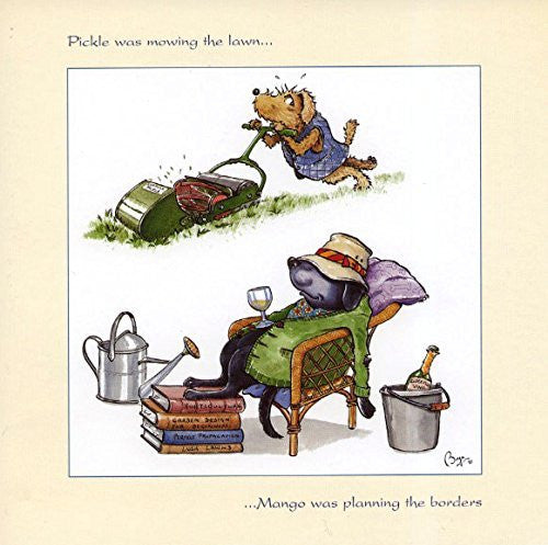 featGardening greeting card featuring dog cartoons by Bryn Parry