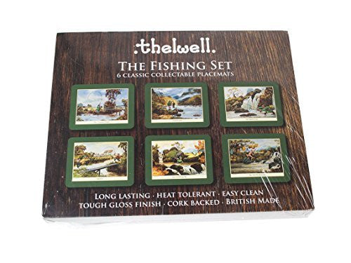 Thelwell Fishing Placemat Set. 6 assorted melamine mats with cork backs, feat...