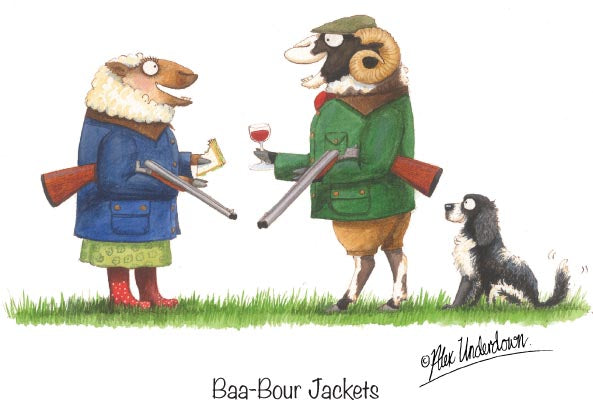 Sheep shooting greeting card "Baa-Bour Jackets" by Alex Underdown.