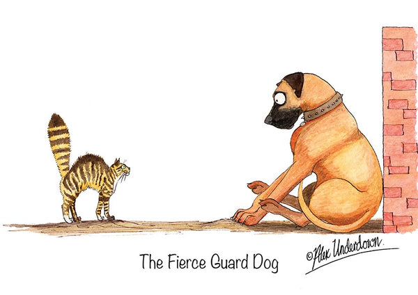 Cat and Dog greeting card "The Fierce Guard Dog" by Alex Underdown.