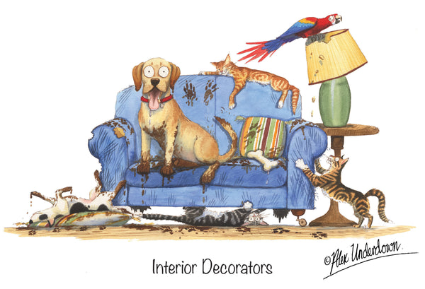 Cat and Dog greeting card "Interior Decorators" by Alex Underdown.
