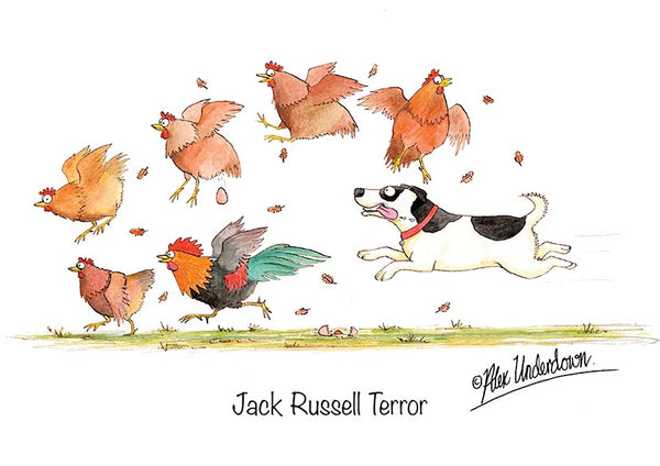 Dog and Chicken greeting card "Jack Russell Terror" by Alex Underdown.