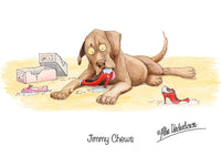 Dog greeting card "Jimmy Chews" by Alex Underdown.