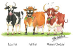 Dairy cattle greeting card "Low Fat, Full Fat, Mature Cheddar" by Alex Underdown.