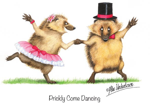 Hedgehog greeting card "Prickly Come Dancing" by Alex Underdown.