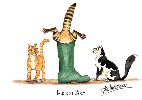 Cat greeting card "Puss in Boot" by Alex Underdown.