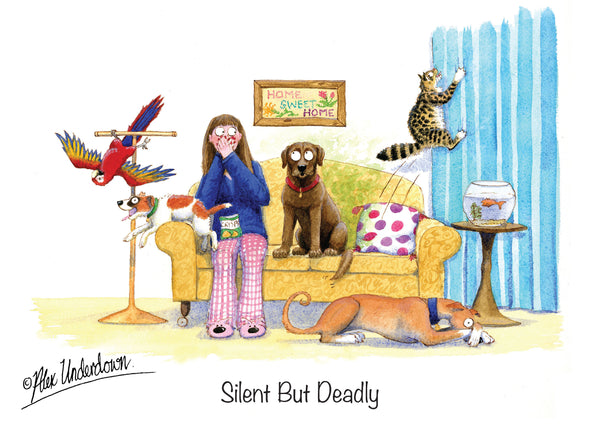 Dog greeting card "Silent but Deadly" by Alex Underdown.