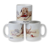 Ceramic mug featuring dog cartoon by Alex Underdown. Jimmy Chews