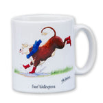 ceramic mug featuring Hereford Cow cartoon. Beef Wellingtons by Alex Underdown. The cow is seen leaping into a puddle wearing red wellingtons and a blue scarf.