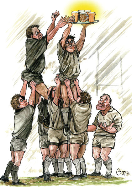 Rugby birthday greeting card. Lager Line Out by Bryn Parry