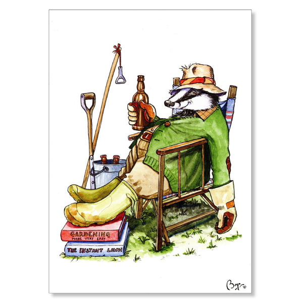 Gardening greeting card. Badger Beer by Bryn Parry