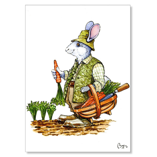 Gardening greeting card. Rabbit and Carrots by Bryn Parry.
