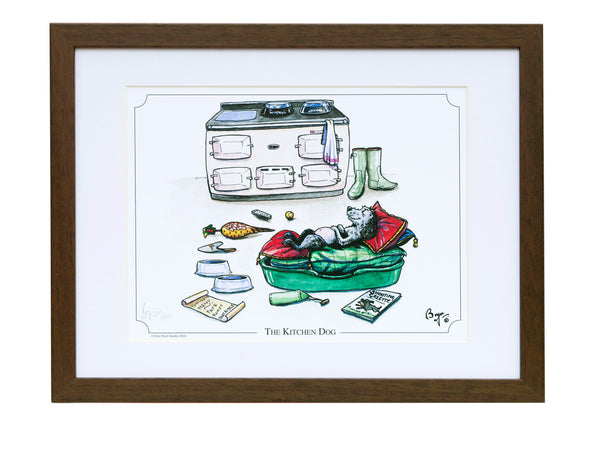Spaniel dog cartoon signed framed print. The Kitchen Dog by Bryn Parry