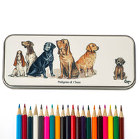 Dog cartoon pencil tin and 12 colouring pencils. Pedigrees and Chum by Bryn Parry