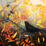 Autumn Blackbird art greeting card by Heather Blanchard. Blackbird with berries and autumnal colours