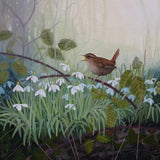 Wren on snowdrops landscape and bird greeting card by Heather Blanchard.