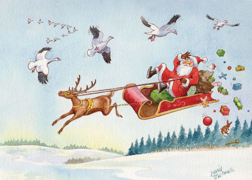 Deer & Geese Christmas Card. Near Miss by David Thelwell