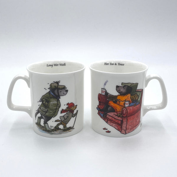 1 x Bone china cartoon walking and dogs mug. Long wet walk by Bryn Parry