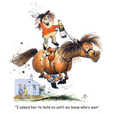 The Horse or Pony Greeting Card Celebration by Norman Thelwell from Countryside Greetings features a smiling woman with wine atop a startled horse as onlookers watch, captioned: “I asked her to hold on until we know who’s won.”.