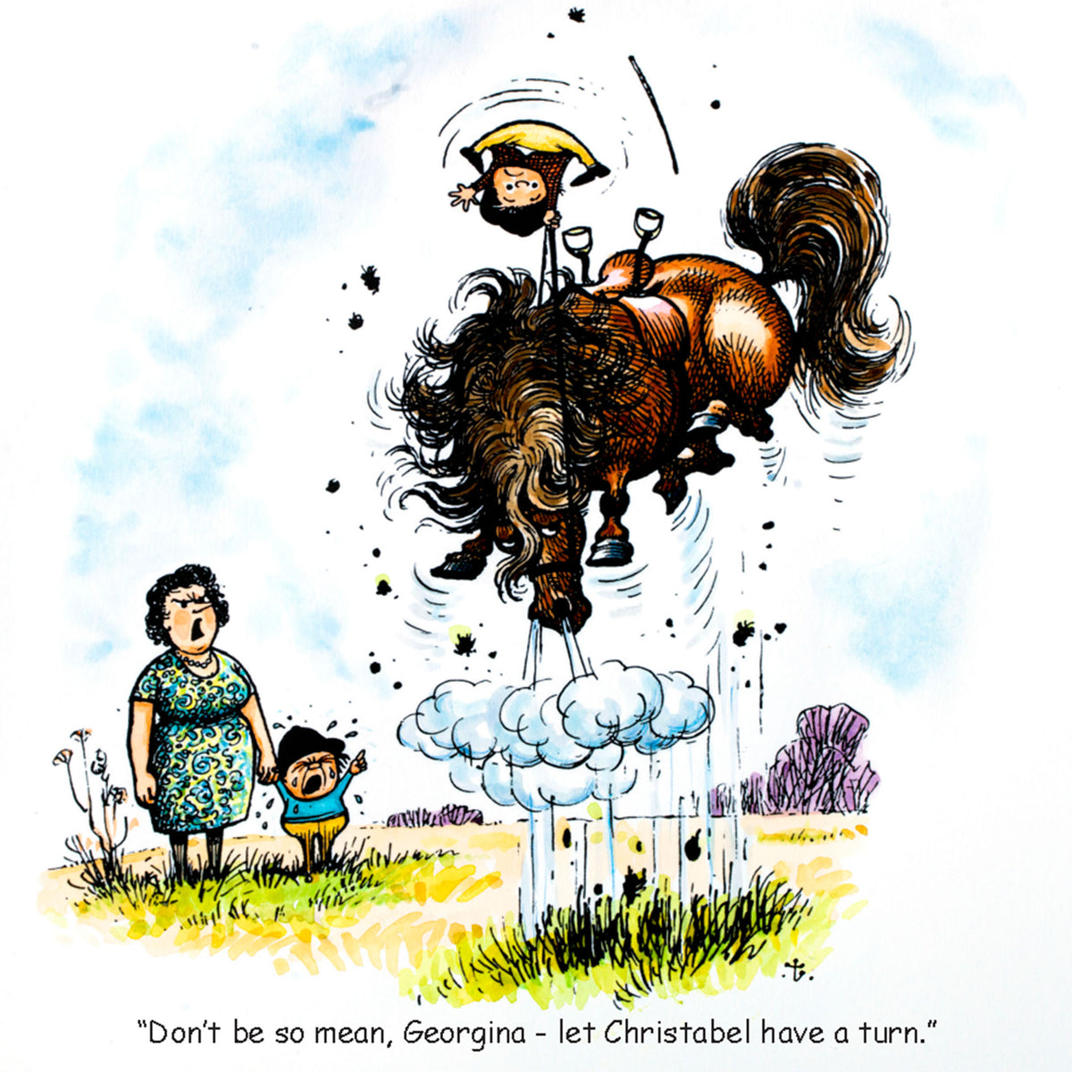 Funny horse riding card. Sharing a pony by Thelwell – CountrysideGreetings