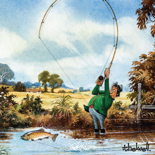 Thelwell fly fishing greeting card with sound. "The Compleat Tangler"