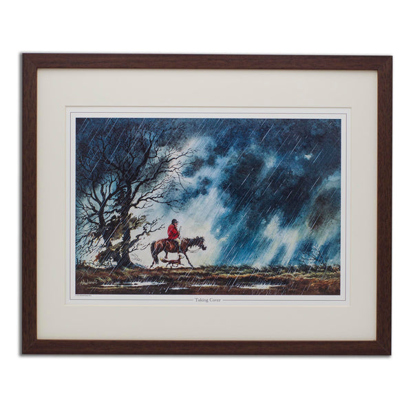 Cartoon pony and hunting print. Taking Cover by Norman Thelwell.