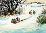 Thelwell cartoon of a pony and rider stuck in a deep snowdrift as two people approach with shovels.
