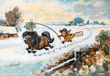 Thelwell cartoon of a girl following a shaggy pony through snow, holding mistletoe above its head.
