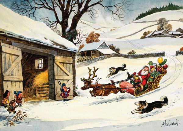 Cartoon Country Christmas Card. Santa Roundup by Norman Thelwell
