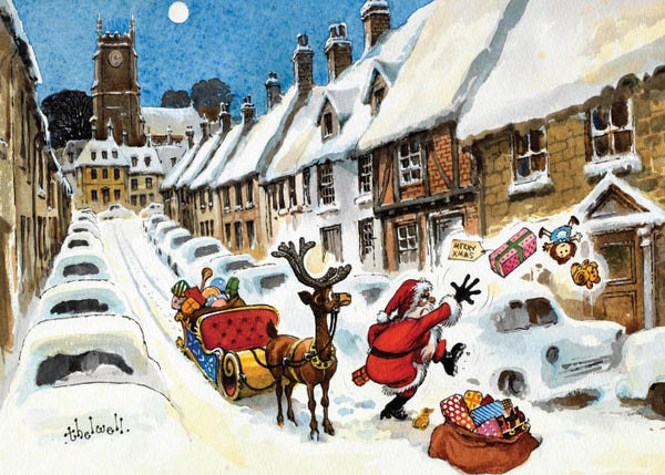 Funny Cartoon Vintage Christmas Card. Door Step Santa by Norman Thelwell.
