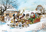 Thelwell Christmas cartoon of children grooming Santa’s reindeer outside a snowy riding school, with pony-care gifts and equipment.

