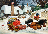 Thelwell cartoon of a pony pulling Santa’s present-filled sleigh through snow, while Santa waves from a cottage chimney.
