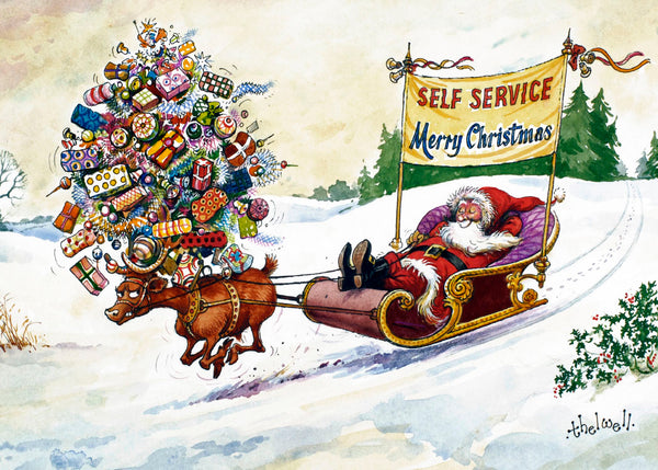 Funny Vintage Cartoon Christmas Card. Self Service by Norman Thelwell.