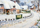 Thelwell countryside Christmas card featuring snowy village cottages and winter scene