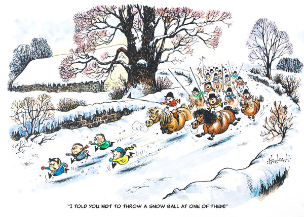 Horse and Pony Cartoon Christmas Card. Snowball Attack by Norman Thelwell.