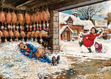 thelwell christmas card featuring classic Thelwell festive countryside cartoon of Farmer sleeping in Turkey plucking shed